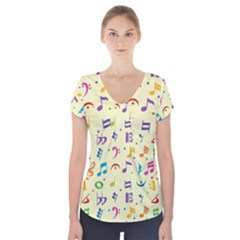 Seamless Pattern Musical Note Doodle Symbol Short Sleeve Front Detail Top