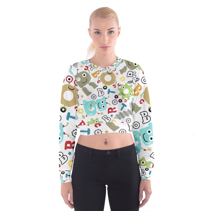 Seamless Pattern Vector With Funny Robots Cartoon Cropped Sweatshirt
