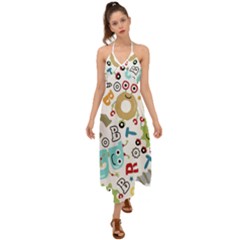 Seamless Pattern Vector With Funny Robots Cartoon Halter Tie Back Dress 