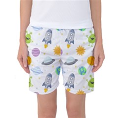 Seamless Pattern Cartoon Space Planets Isolated White Background Women s Basketball Shorts
