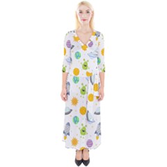 Seamless Pattern Cartoon Space Planets Isolated White Background Quarter Sleeve Wrap Maxi Dress