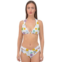 Seamless Pattern Cartoon Space Planets Isolated White Background Double Strap Halter Bikini Set