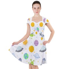 Seamless Pattern Cartoon Space Planets Isolated White Background Cap Sleeve Midi Dress