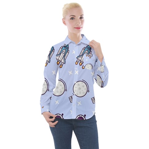 Seamless Pattern With Space Theme Women s Long Sleeve Pocket Shirt by Hannah976