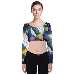 Spaceship Astronaut Space Velvet Long Sleeve Crop Top