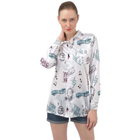 Music Themed Doodle Seamless Background Long Sleeve Satin Shirt by Hannah976