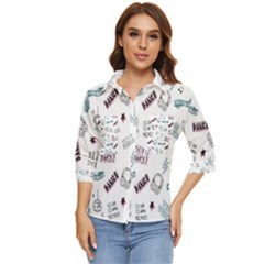 Music Themed Doodle Seamless Background Women s Quarter Sleeve Pocket Shirt