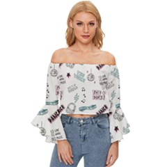 Music Themed Doodle Seamless Background Off Shoulder Flutter Bell Sleeve Top by Hannah976