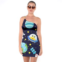 Space Seamless Pattern Illustration One Shoulder Ring Trim Bodycon Dress