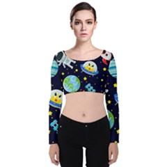 Space Seamless Pattern Illustration Velvet Long Sleeve Crop Top