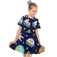 Space Seamless Pattern Illustration Kids  Short Sleeve Shirt Dress