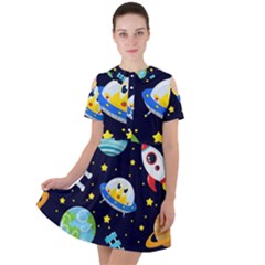 Space Seamless Pattern Illustration Short Sleeve Shoulder Cut Out Dress 