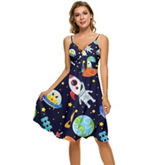 Space Seamless Pattern Illustration Sleeveless Tie Front Chiffon Dress