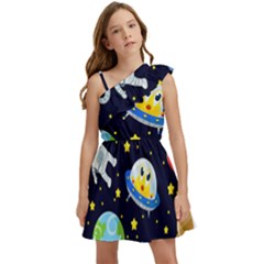 Space Seamless Pattern Illustration Kids  One Shoulder Party Dress