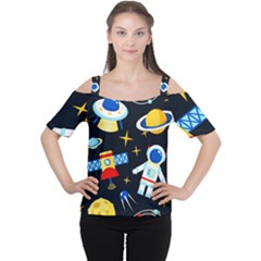 Space Seamless Pattern Cartoon Art Cutout Shoulder T-shirt