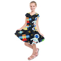 Space Seamless Pattern Cartoon Art Kids  Short Sleeve Dress