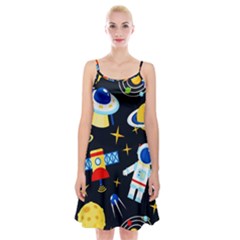 Space Seamless Pattern Cartoon Art Spaghetti Strap Velvet Dress