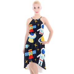 Space Seamless Pattern Cartoon Art High-low Halter Chiffon Dress 