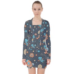 Space Seamless Pattern Art V-neck Bodycon Long Sleeve Dress