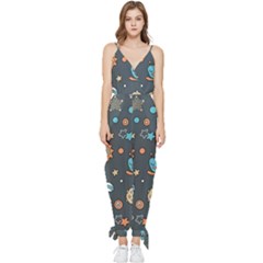 Space Seamless Pattern Art Sleeveless Tie Ankle Chiffon Jumpsuit