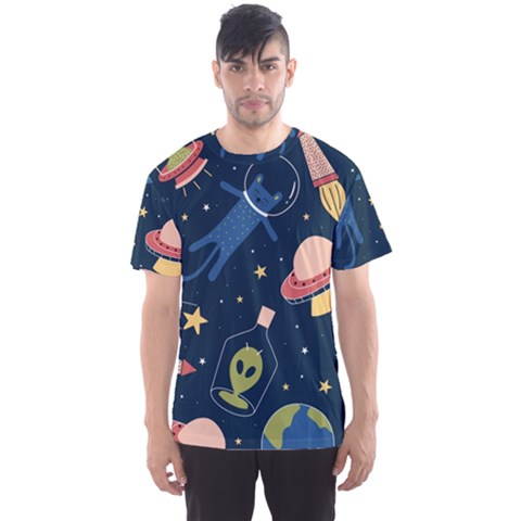 Seamless Pattern With Funny Aliens Cat Galaxy Men s Sport Mesh T-shirt by Hannah976