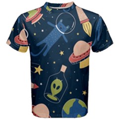 Seamless Pattern With Funny Aliens Cat Galaxy Men s Cotton T-shirt by Hannah976