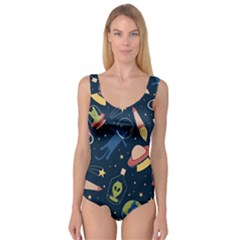 Seamless Pattern With Funny Aliens Cat Galaxy Princess Tank Leotard 