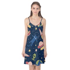 Seamless Pattern With Funny Aliens Cat Galaxy Camis Nightgown  by Hannah976