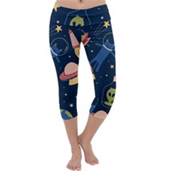 Seamless Pattern With Funny Aliens Cat Galaxy Capri Yoga Leggings by Hannah976