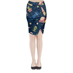 Seamless Pattern With Funny Aliens Cat Galaxy Midi Wrap Pencil Skirt by Hannah976
