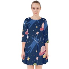 Seamless Pattern With Funny Aliens Cat Galaxy Smock Dress by Hannah976