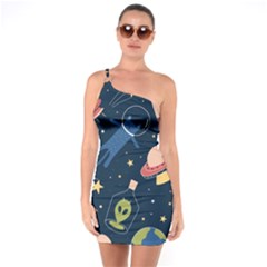 Seamless Pattern With Funny Aliens Cat Galaxy One Shoulder Ring Trim Bodycon Dress by Hannah976