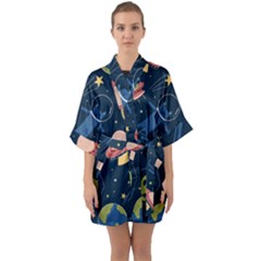 Seamless Pattern With Funny Aliens Cat Galaxy Half Sleeve Satin Kimono  by Hannah976