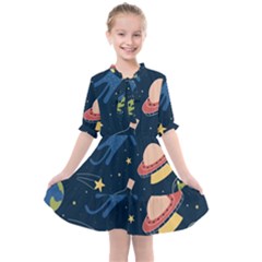 Seamless Pattern With Funny Aliens Cat Galaxy Kids  All Frills Chiffon Dress by Hannah976