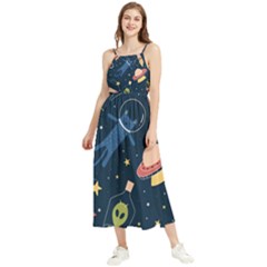 Seamless Pattern With Funny Aliens Cat Galaxy Boho Sleeveless Summer Dress