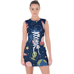 Seamless Pattern With Funny Aliens Cat Galaxy Lace Up Front Bodycon Dress by Hannah976