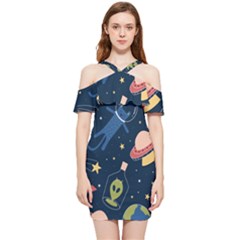 Seamless Pattern With Funny Aliens Cat Galaxy Shoulder Frill Bodycon Summer Dress by Hannah976