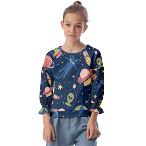 Seamless Pattern With Funny Aliens Cat Galaxy Kids  Cuff Sleeve Top by Hannah976