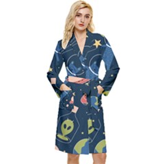 Seamless Pattern With Funny Aliens Cat Galaxy Long Sleeve Velvet Robe by Hannah976