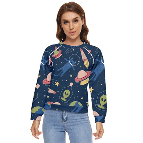 Seamless Pattern With Funny Aliens Cat Galaxy Women s Long Sleeve Raglan T-shirt by Hannah976