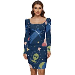 Seamless Pattern With Funny Aliens Cat Galaxy Women Long Sleeve Ruched Stretch Jersey Dress by Hannah976
