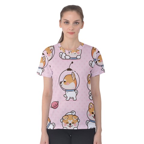 Set Kawaii Smile Japanese Dog Akita Inu Cartoon Women s Cotton T-shirt by Hannah976