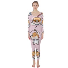 Set Kawaii Smile Japanese Dog Akita Inu Cartoon Long Sleeve Catsuit