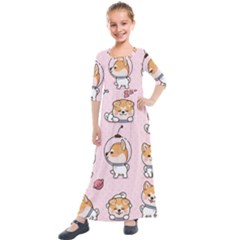 Set Kawaii Smile Japanese Dog Akita Inu Cartoon Kids  Quarter Sleeve Maxi Dress