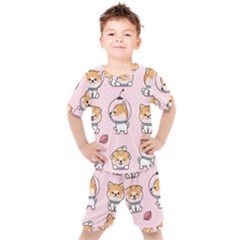 Set Kawaii Smile Japanese Dog Akita Inu Cartoon Kids  T-shirt And Shorts Set