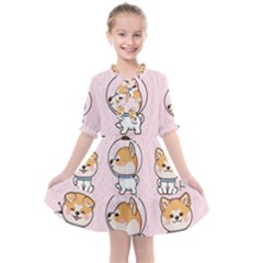 Set Kawaii Smile Japanese Dog Akita Inu Cartoon Kids  All Frills Chiffon Dress