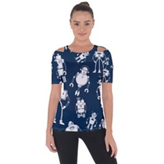 White Robot Blue Seamless Pattern Shoulder Cut Out Short Sleeve Top