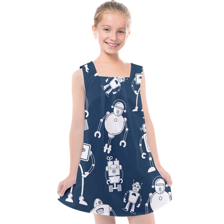 White Robot Blue Seamless Pattern Kids  Cross Back Dress