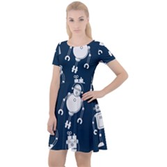 White Robot Blue Seamless Pattern Cap Sleeve Velour Dress 