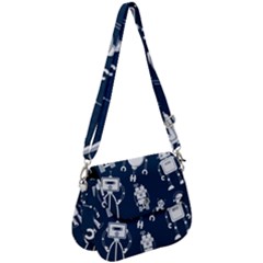 White Robot Blue Seamless Pattern Saddle Handbag by Hannah976